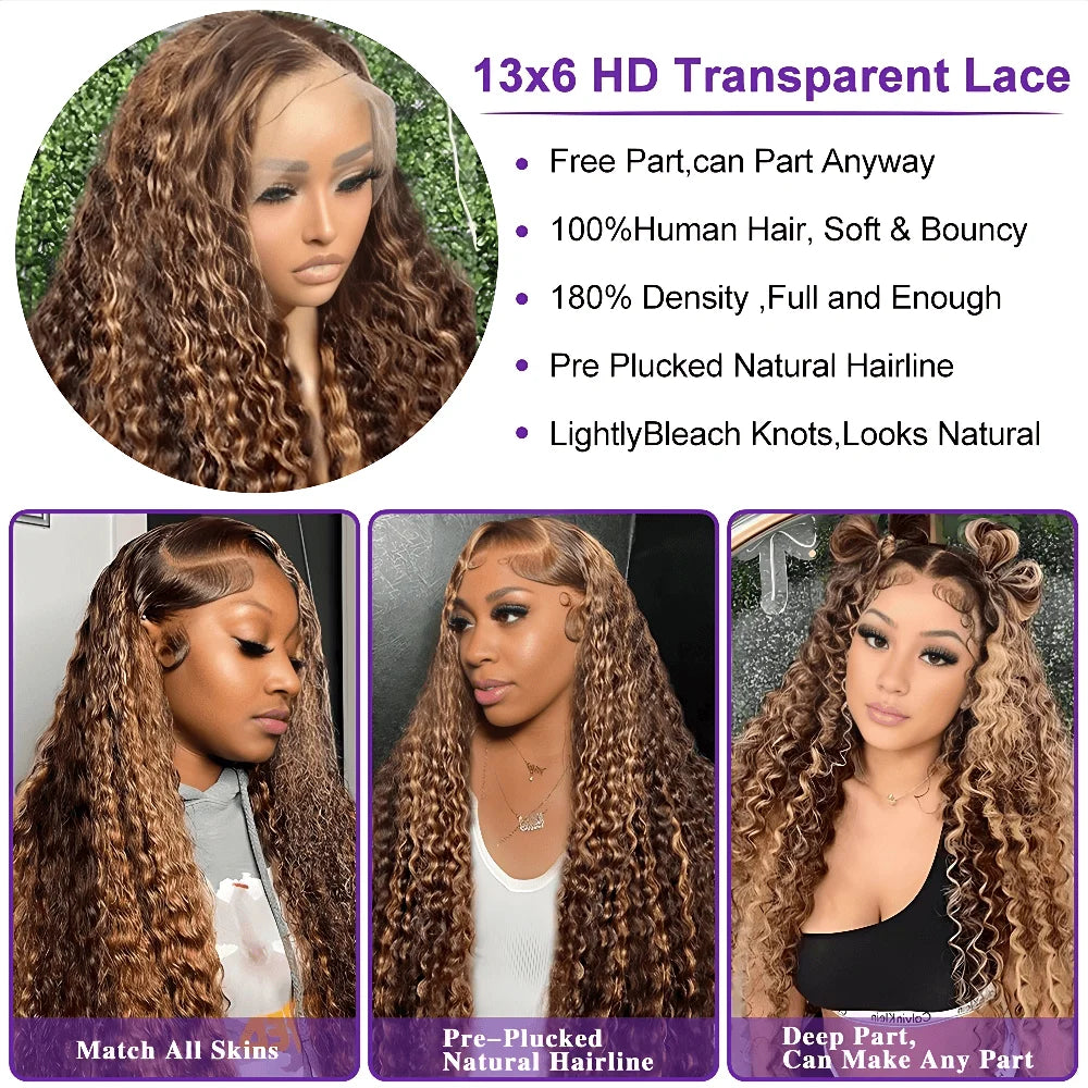 KLAMAN Highlight Deep Wave Wig | 13x4 & 13x6 HD Lace | Honey Blonde Ombre Brazilian Human Hair