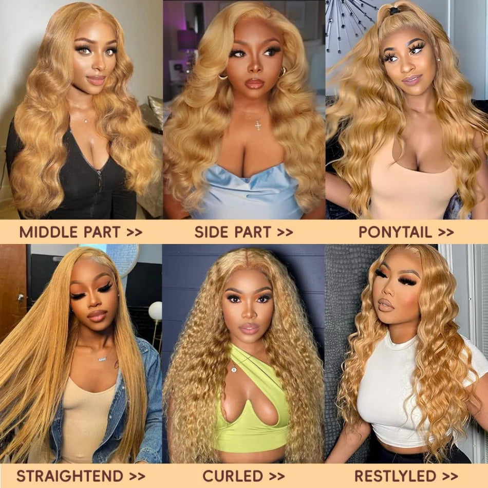 Body Wave Human Hair Wigs 27 Honey Blonde 13X6 Hd Lace Frontal Wig 100% Human Hair 250 Density Colored Preplucked Brazilian Wigs