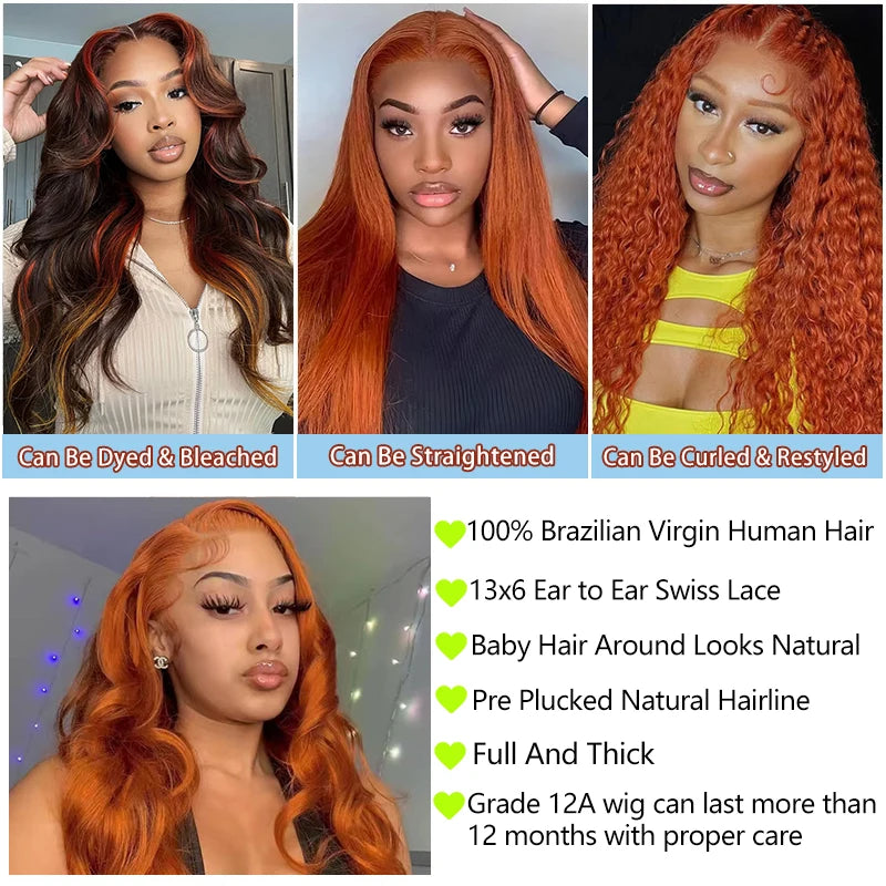 KLAMAN Ginger Orange Body Wave Wig | 13x6 HD Lace Front | 200% Density #350 Human Hair