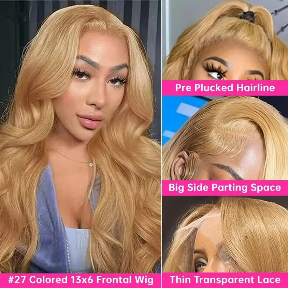 Body Wave Human Hair Wigs 27 Honey Blonde 13X6 Hd Lace Frontal Wig 100% Human Hair 250 Density Colored Preplucked Brazilian Wigs