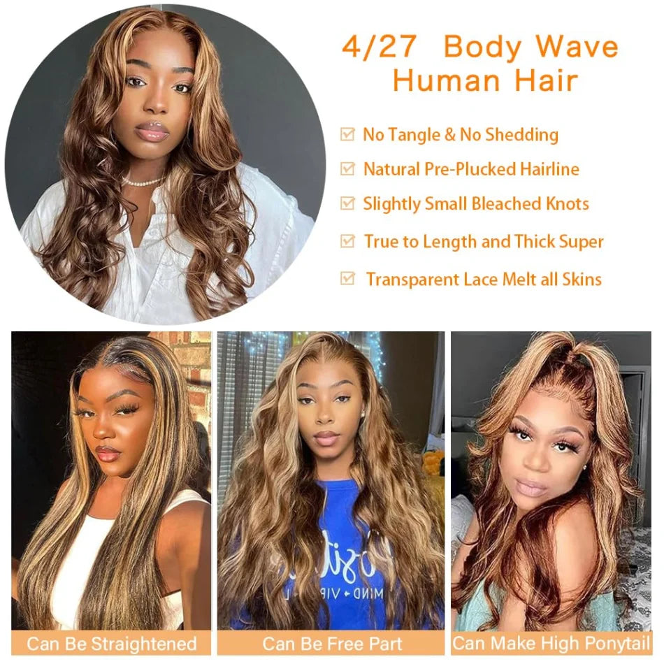 KLAMAN Highlight Ombre Body Wave Wig | 38" 250% Density 13x6 HD Lace | #427 Human Hair