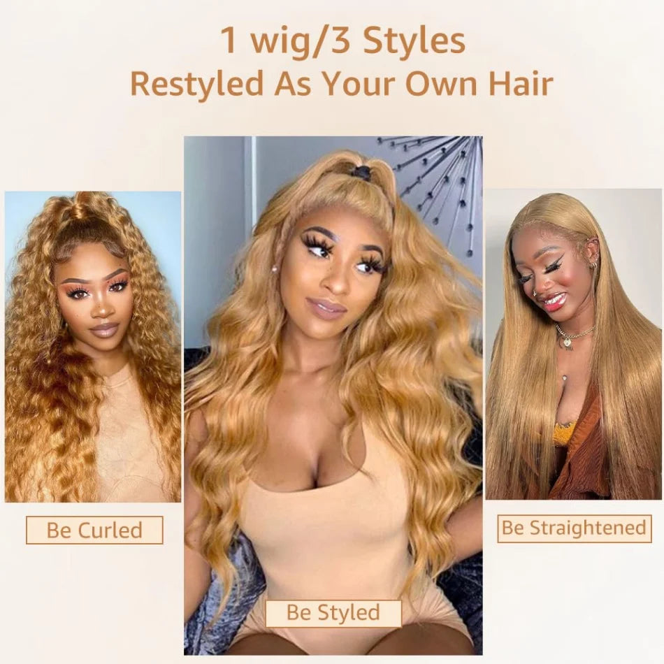 Body Wave Human Hair Wigs 27 Honey Blonde 13X6 Hd Lace Frontal Wig 100% Human Hair 250 Density Colored Preplucked Brazilian Wigs