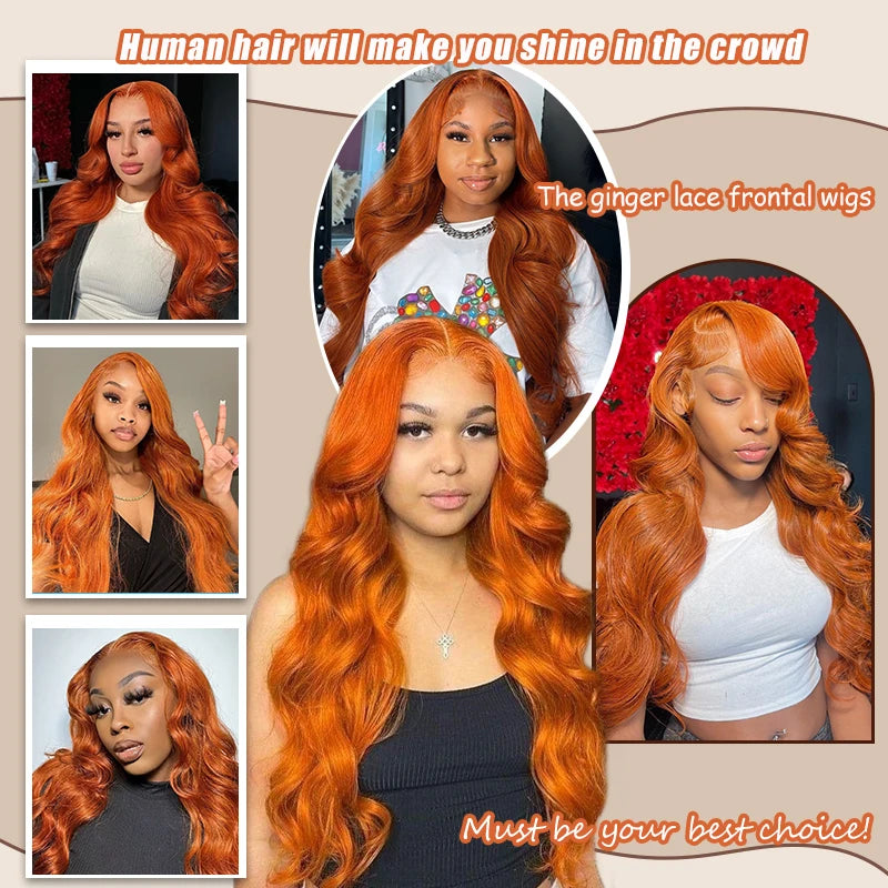 KLAMAN Ginger Orange Body Wave Wig | 13x6 HD Lace Front | 200% Density #350 Human Hair