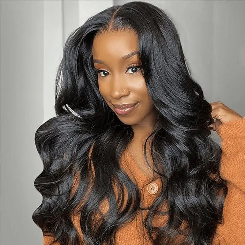 KLAMAN Natural Black Body Wave Wig | 180% Density HD Transparent Lace | Bleached Knots Brazilian Hair
