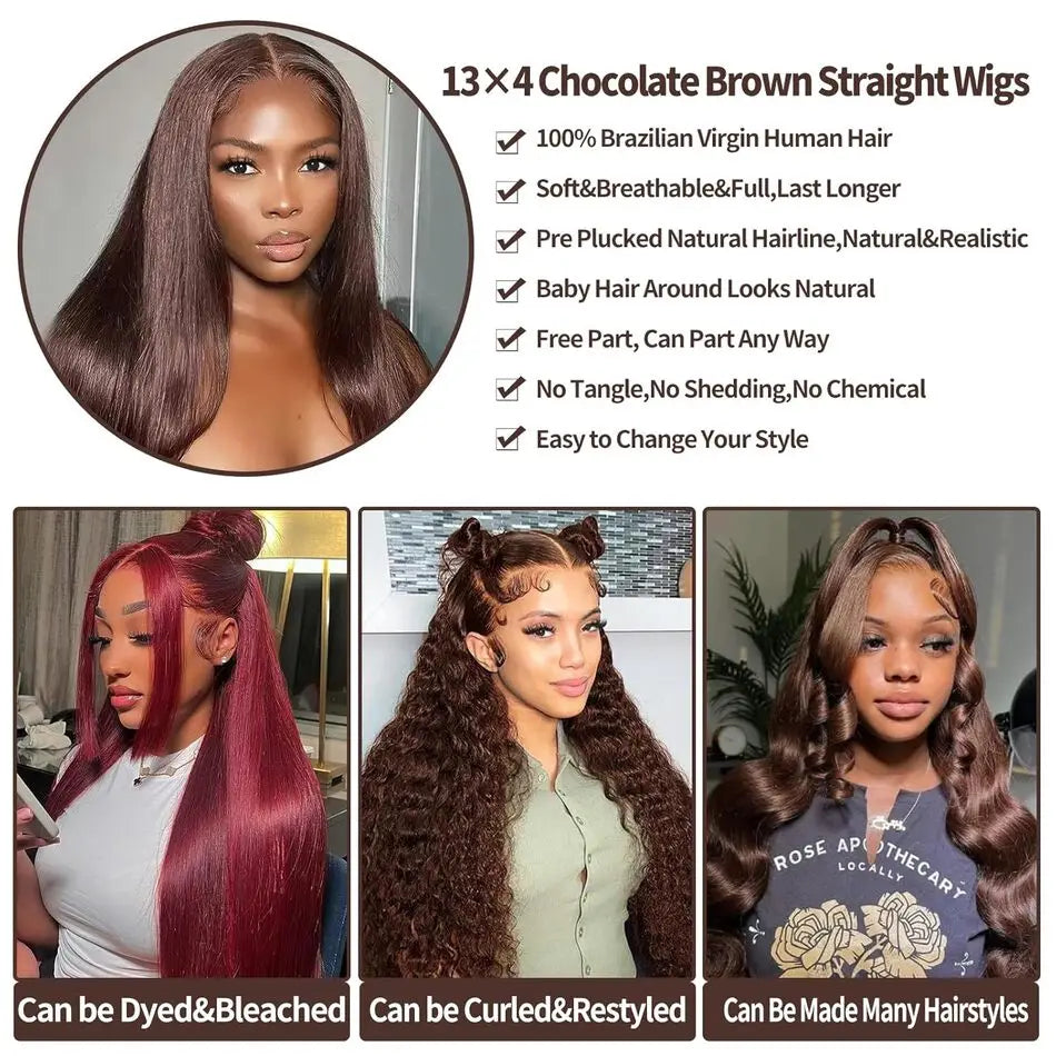 KLAMAN Chocolate Brown Bone Straight Wig | 30" 200% Density 13x6 HD Lace Front | Human Hair