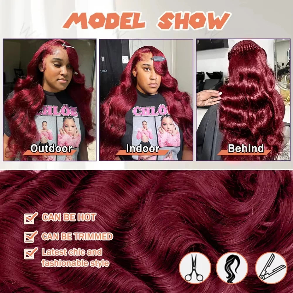99j Burgundy 13x6 HD Lace Frontal Human Hair Wig 250 Density Body Wave 13x4 Lace Front Wigs Brazilian 100% Human Hair Wigs