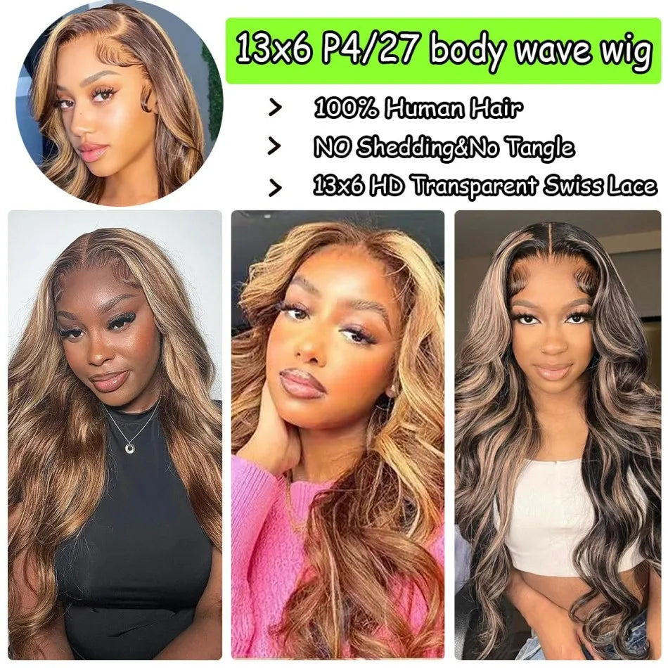 KLAMAN Highlight Ombre Body Wave Wig | 38" 250% Density 13x6 HD Lace | #427 Human Hair