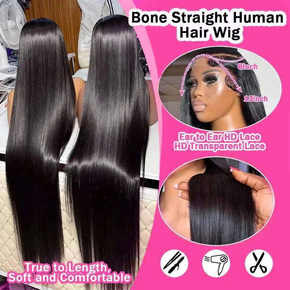 KLAMAN Bone Straight Wig | 38-40" Malaysia Human Hair | 13x4 & 13x6 HD Lace Front | 260% Density