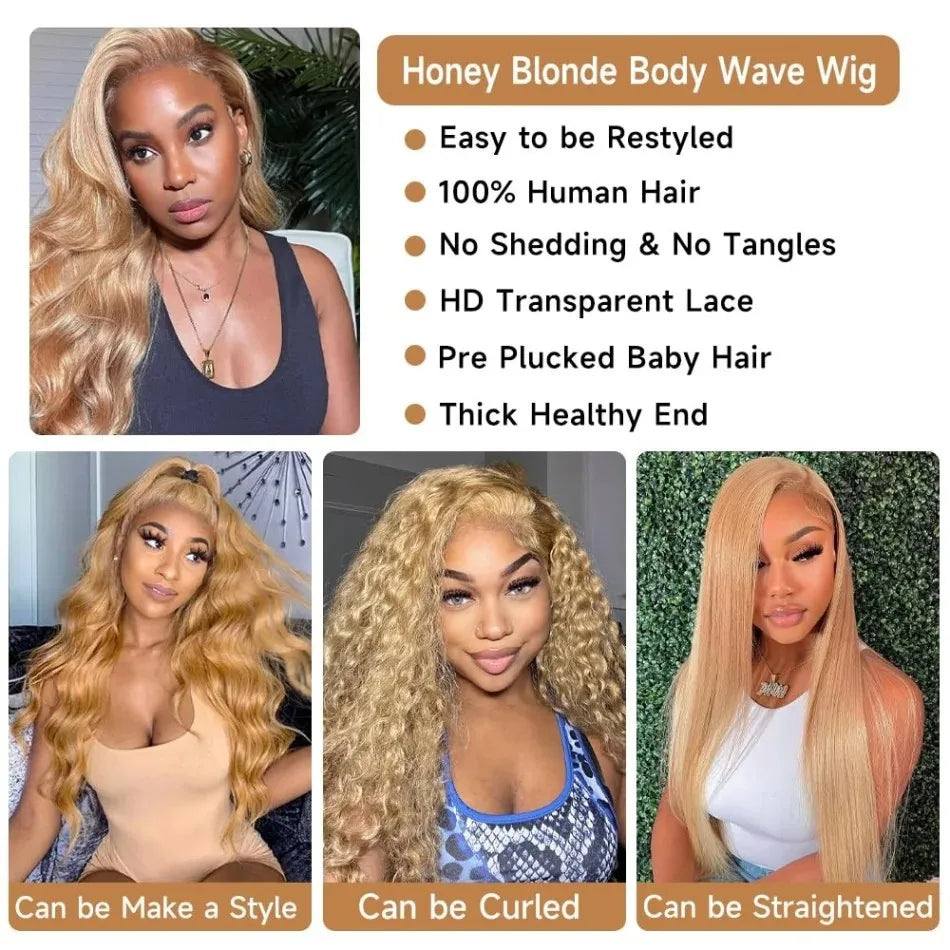 Body Wave Human Hair Wigs 27 Honey Blonde 13X6 Hd Lace Frontal Wig 100% Human Hair 250 Density Colored Preplucked Brazilian Wigs