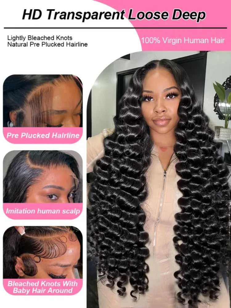 13x6 HD Lace Loose Deep Wave Frontal Wigs 250% Transparent 30 40 Inch 13x4 Deep Water Wave Curly Lace Front Human Hair Wigs