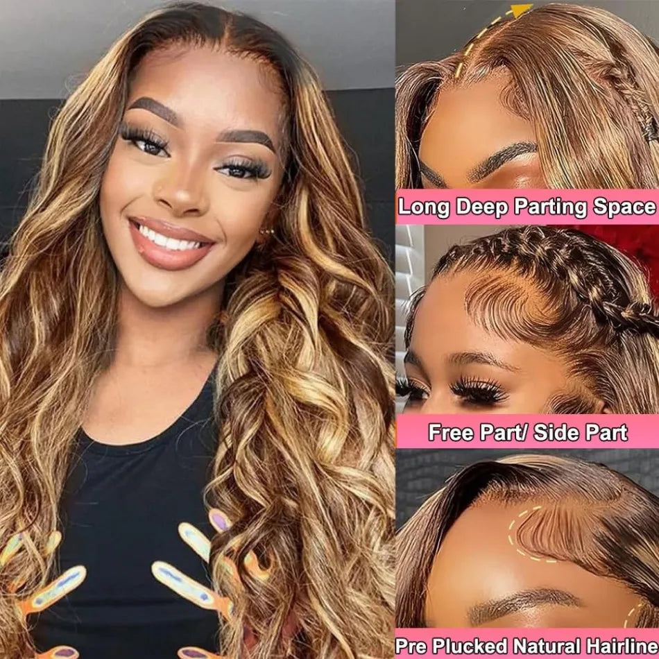KLAMAN Highlight Ombre Body Wave Wig | 38" 250% Density 13x6 HD Lace | #427 Human Hair