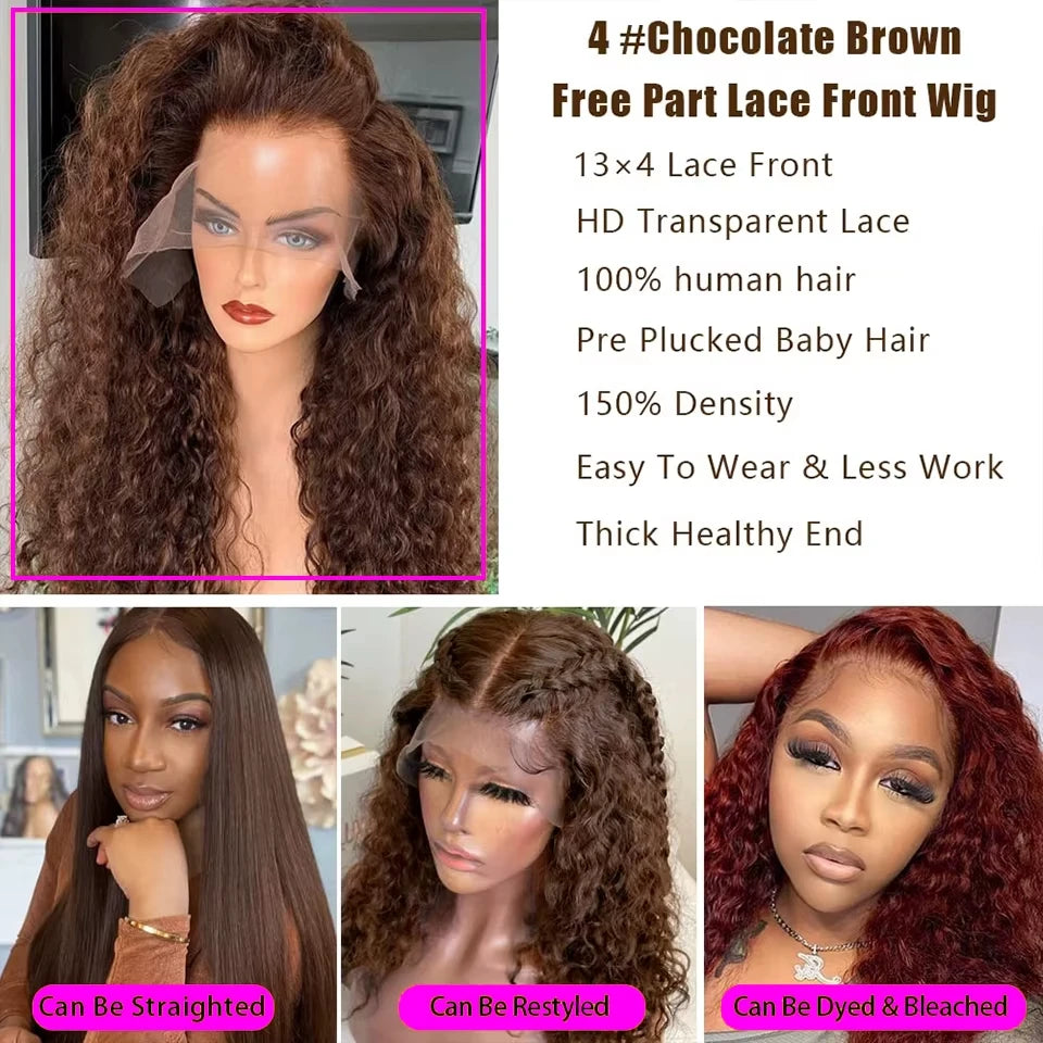 250 Density Chocolate Brown Curly Human Hair Wig 13X6 Hd Lace Front Wigs Pre Pluck Brazilian Brown 100% Deep Wave Human Hair wig