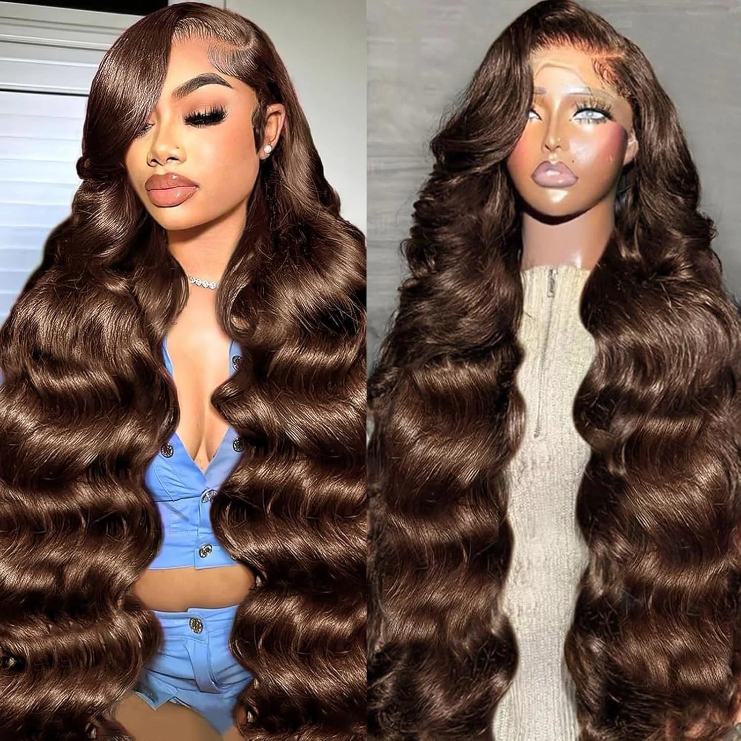 KLAMAN Chocolate Brown Body Wave Wig | 46" 13x4 & 13x6 HD Transparent Lace | Remy Human Hair