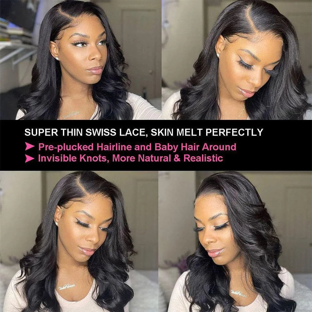 KLAMAN Natural Black Body Wave Wig | 180% Density HD Transparent Lace | Bleached Knots Brazilian Hair