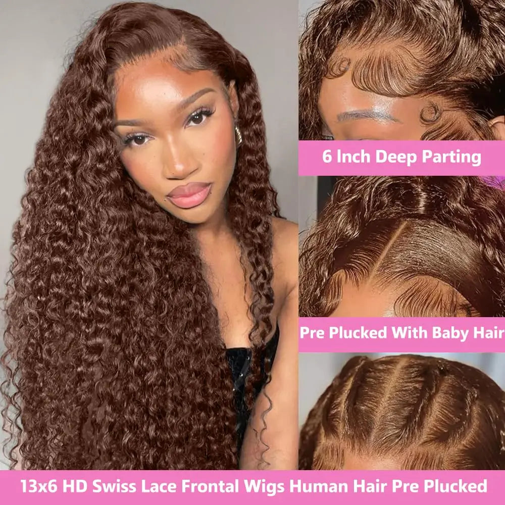 250 Density Chocolate Brown Curly Human Hair Wig 13X6 Hd Lace Front Wigs Pre Pluck Brazilian Brown 100% Deep Wave Human Hair wig