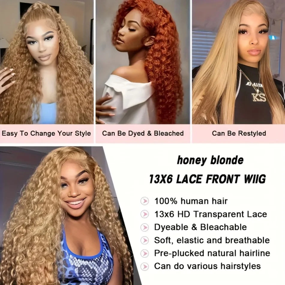 KLAMAN Honey Blonde Deep Wave Wig #27 | 30" Curly HD Lace Front | 200% Density