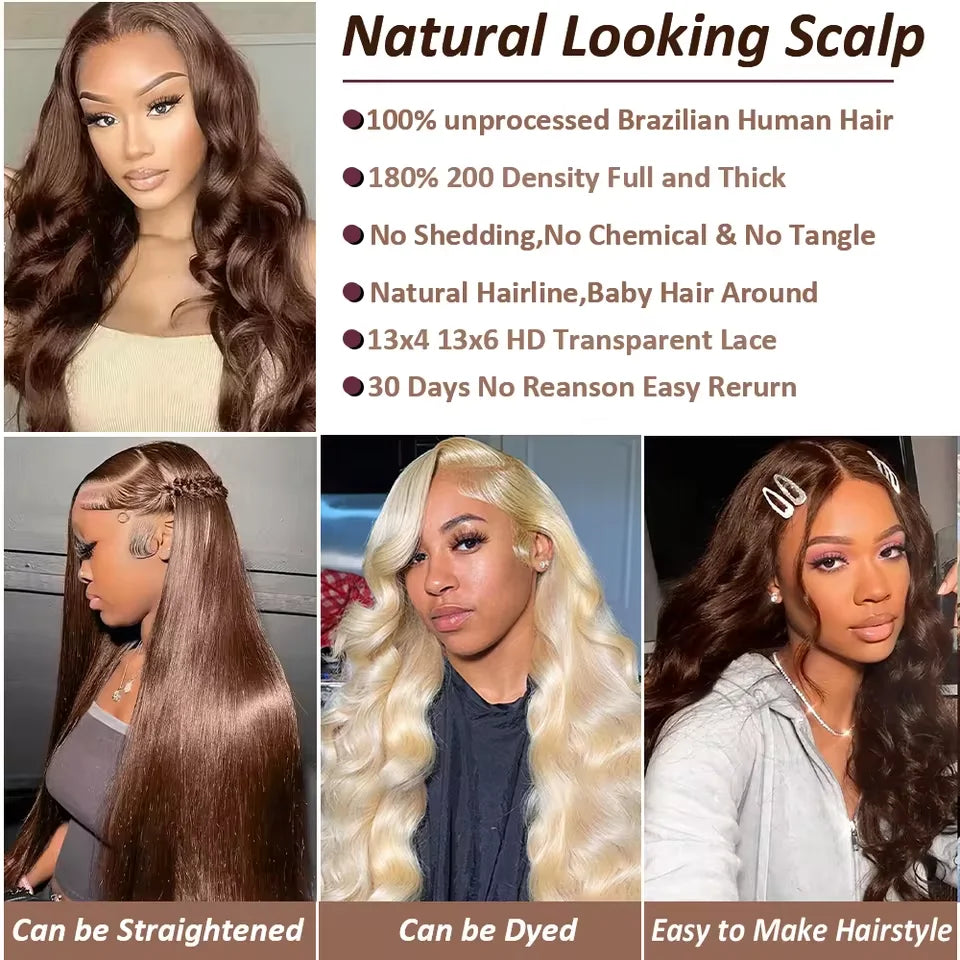 KLAMAN Chocolate Brown Body Wave Wig | 46" 13x4 & 13x6 HD Transparent Lace | Remy Human Hair